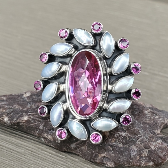 New NB Nicky Butler 925 Sterling Silver Pink Quartz Garnet Pearl Size 6 Ring - Picture 3 of 12